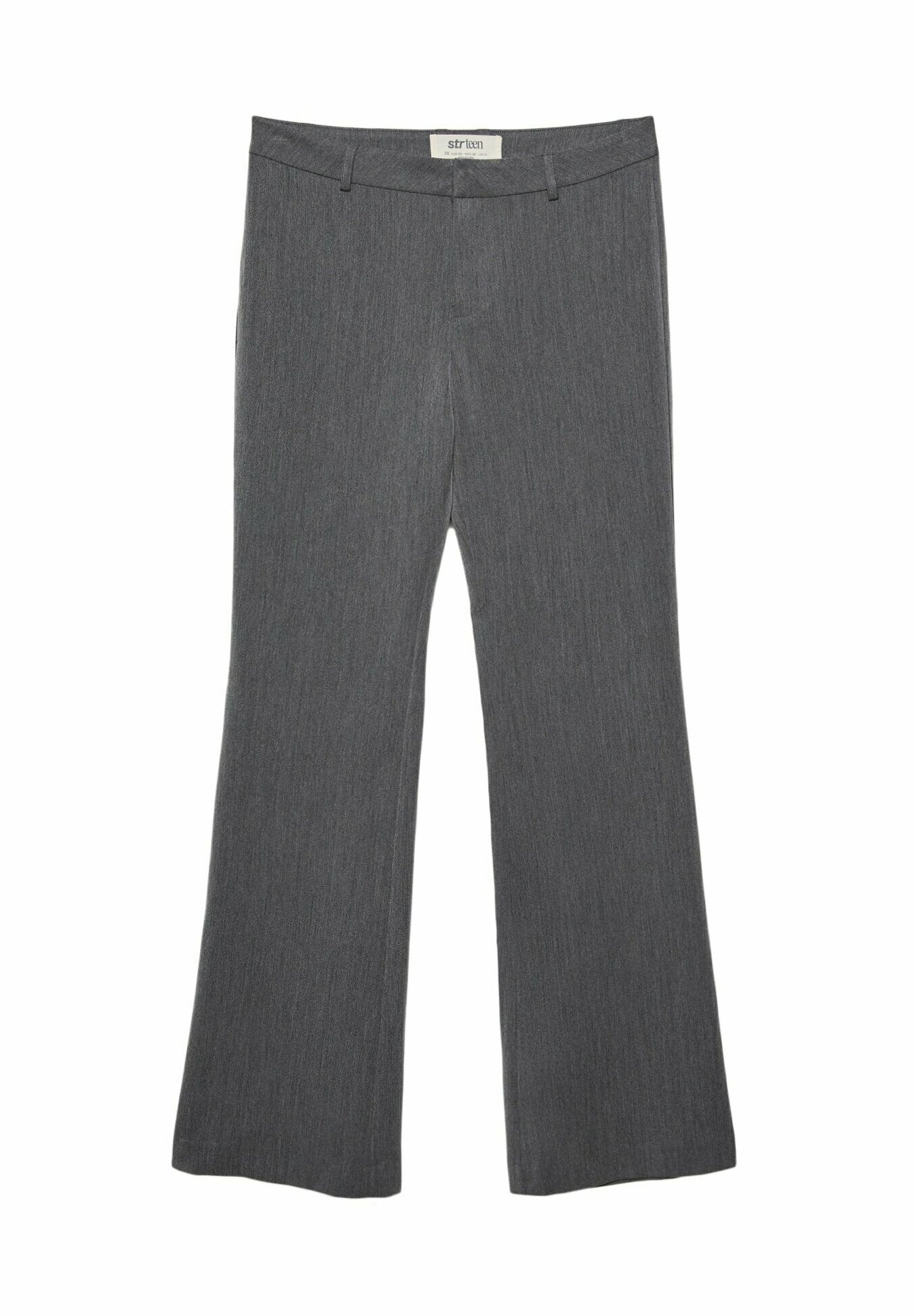 Graue, aus strukturiertem Stoff gefertigte, weit geschnittene Hose mit einem elastischen Bund und ohne sichtbare Taschen. Sauberes Design mit einem dezenten Streifenmuster.