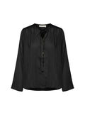 Schwarze Bluse mit langen Ärmeln aus leichtem Gewebe, mit einem V-Ausschnitt, Knopfverschluss und einem Halstuch, sowie einer leicht strukturierten Oberfläche.