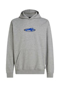 Grauer Hoodie aus weichem Stoff mit einer vorderen Kängurutasche und einem Kapuzenzug. Auf der Brust befindet sich ein blau gesticktes Logo.