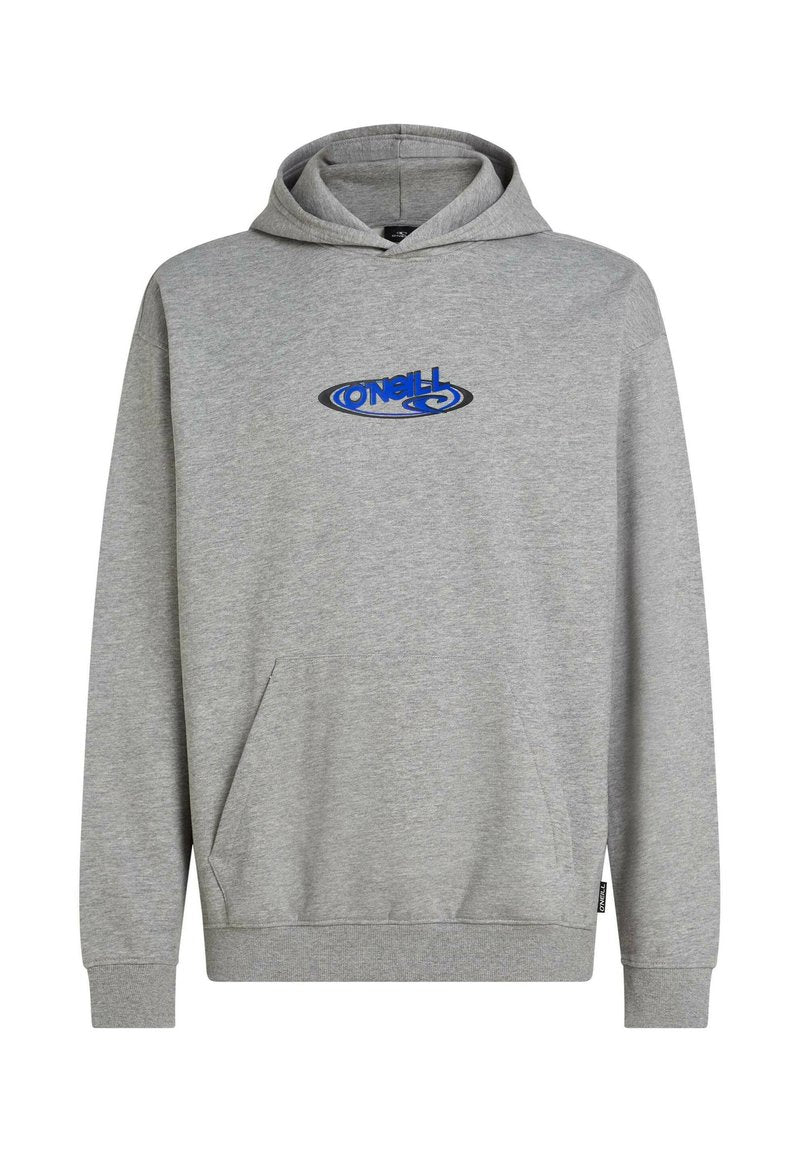 Grauer Hoodie aus weichem Stoff mit einer vorderen Kängurutasche und einem Kapuzenzug. Auf der Brust befindet sich ein blau gesticktes Logo.
