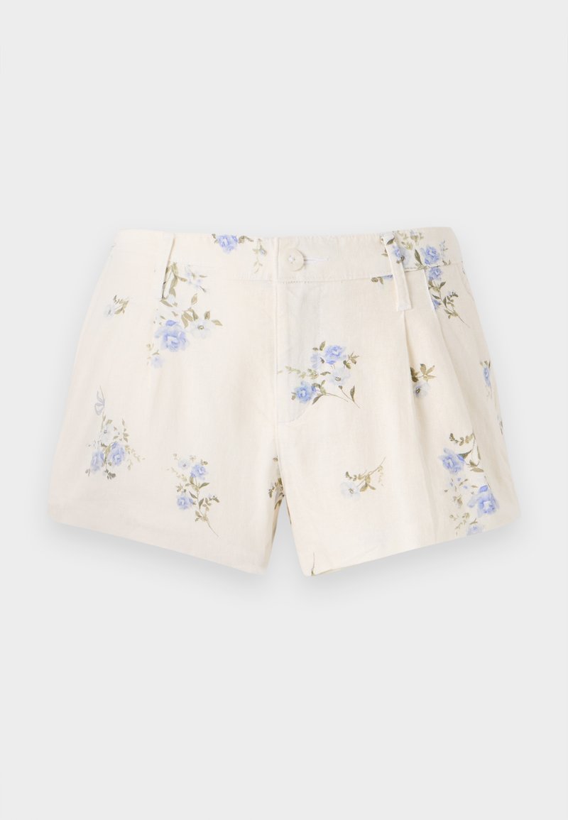 Florale Shorts aus leichtem Stoff, mit einem cremefarbigen Grundton und blauen sowie grünen Blumenmustern, zwei Vorderaschen und einem Knopfverschluss.