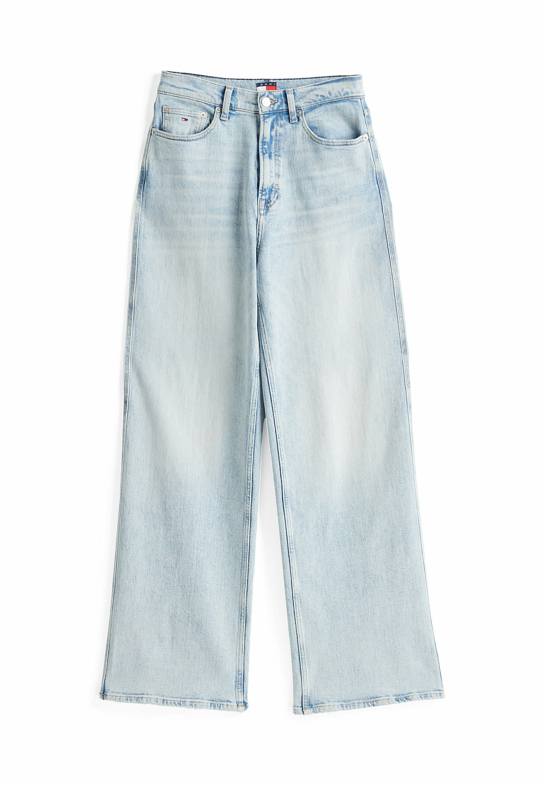 Helle blaue Denim-Hose mit weitem Bein und hohem Bund, zwei vorderen Taschen und rohem Saum. Mit leichter Ausbleichung und klassischem Knopfverschluss.