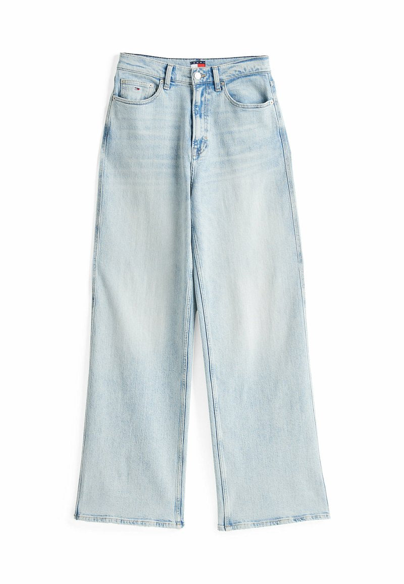 Helle blaue Denim-Hose mit weitem Bein und hohem Bund, zwei vorderen Taschen und rohem Saum. Mit leichter Ausbleichung und klassischem Knopfverschluss.