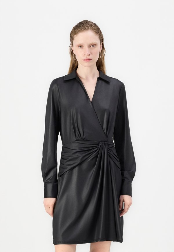 DKNY COLLARED V NECK DRAPPED DRESS
