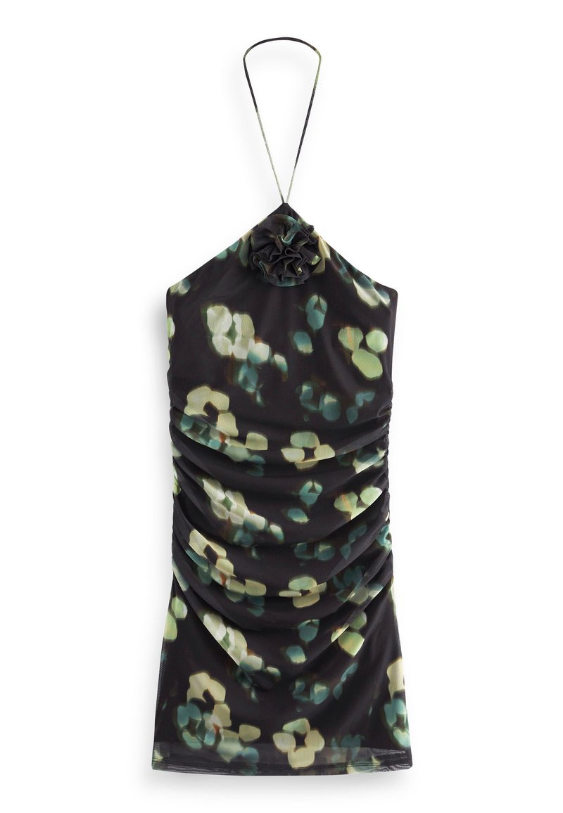 Schwarzes Halstopp mit grün-weißer Blumenmuster, gerafftem Textil und einer dekorativen Stoffblume am Ausschnitt.