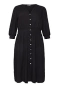 Schwarzes Leinenkleid mit V-Ausschnitt, dreiviertel Ärmeln und Knopfleiste. Verfügt über eine taillierte Taille und einen fließenden Rock für Bewegungsfreiheit.