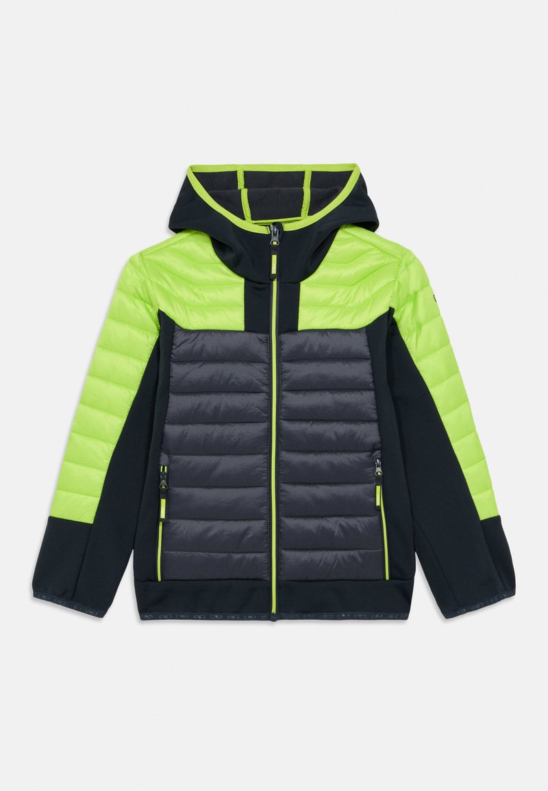 Gepolsterte Kapuzenjacke mit leuchtend grünem Oberteil, dunkelgrauem Körper, schwarzen Akzenten und Reißverschlusstaschen, gefertigt aus leichten Materialien.