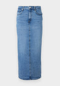 Denimrock mit gerader Silhouette, mittlerem Blauton, hoher Taille, Reißverschluss und Knopfverschluss sowie minimalen Nähdetails. Knielange.