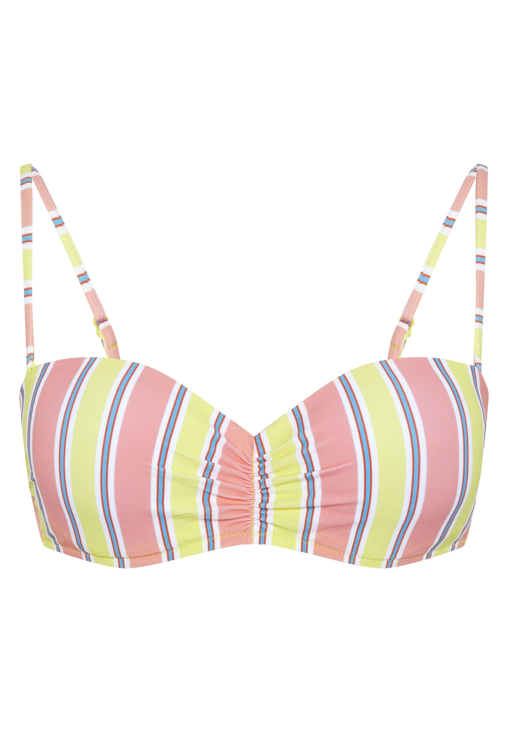 Trägerloses Bikini-Oberteil mit rosa, gelben und weißen horizontalen Streifen. Verfügt über einen gerafften Mittelbereich und dünne, verstellbare Träger. Glatte Stoffoberfläche.