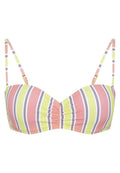 Trägerloses Bikini-Oberteil mit rosa, gelben und weißen horizontalen Streifen. Verfügt über einen gerafften Mittelbereich und dünne, verstellbare Träger. Glatte Stoffoberfläche.