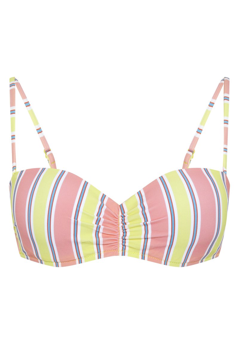 Trägerloses Bikini-Oberteil mit rosa, gelben und weißen horizontalen Streifen. Verfügt über einen gerafften Mittelbereich und dünne, verstellbare Träger. Glatte Stoffoberfläche.