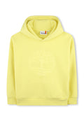 Gelbe Kapuzenjacke aus weichem Stoff, mit einem auf der Vorderseite geprägten Logo mit Baumdesign und einer Kordelzugkapuze. Gerippte Bündchen und Saum.