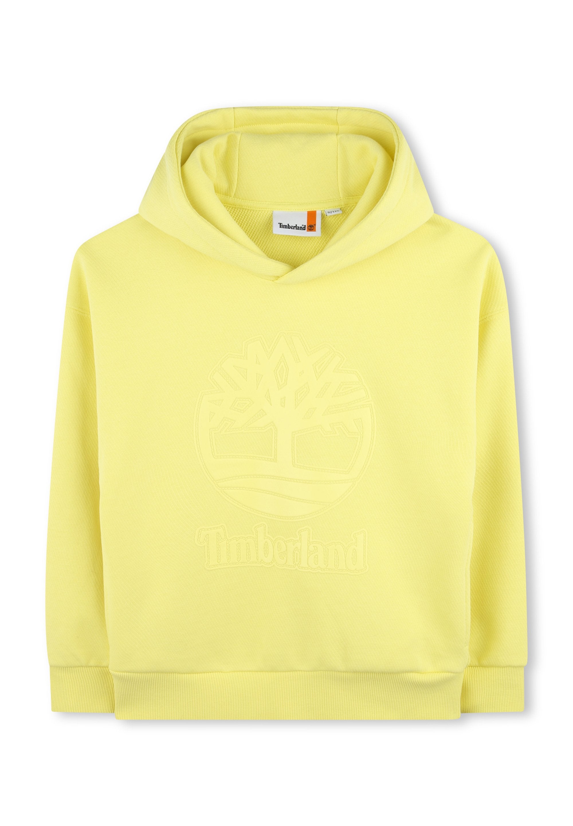 Gelbe Kapuzenjacke aus weichem Stoff, mit einem auf der Vorderseite geprägten Logo mit Baumdesign und einer Kordelzugkapuze. Gerippte Bündchen und Saum.
