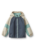 Leichte Kapuzenjacke mit dunkelblauem Körper, beige und mintgrün gemusterten Ärmeln, elastischen Bündchen und durchgehendem Frontreißverschluss.