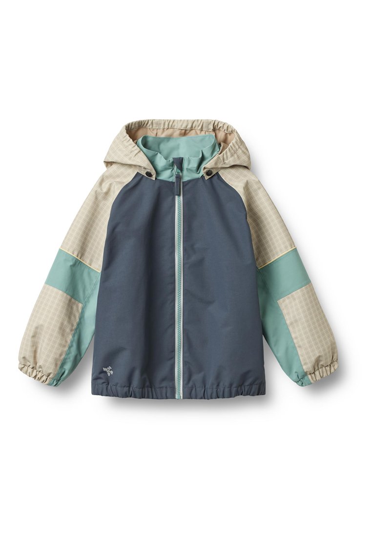 Leichte Kapuzenjacke mit dunkelblauem Körper, beige und mintgrün gemusterten Ärmeln, elastischen Bündchen und durchgehendem Frontreißverschluss.