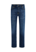 Dunkelblaue Jeans aus Denim mit geradem Bein, fünf Taschen und kontrastierenden gelben Nähten. Klassischer Metallknopfverschluss.
