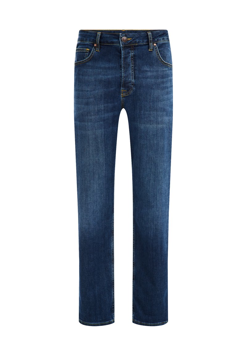 Dunkelblaue Jeans aus Denim mit geradem Bein, fünf Taschen und kontrastierenden gelben Nähten. Klassischer Metallknopfverschluss.