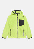 Neongrüne Fleecejacke mit Kapuze, durchgehendem Reißverschluss und schwarzer Tasche. Verfügt über Reißverschlusstaschen an den Seiten und schwarze Einfassung entlang der Kanten.