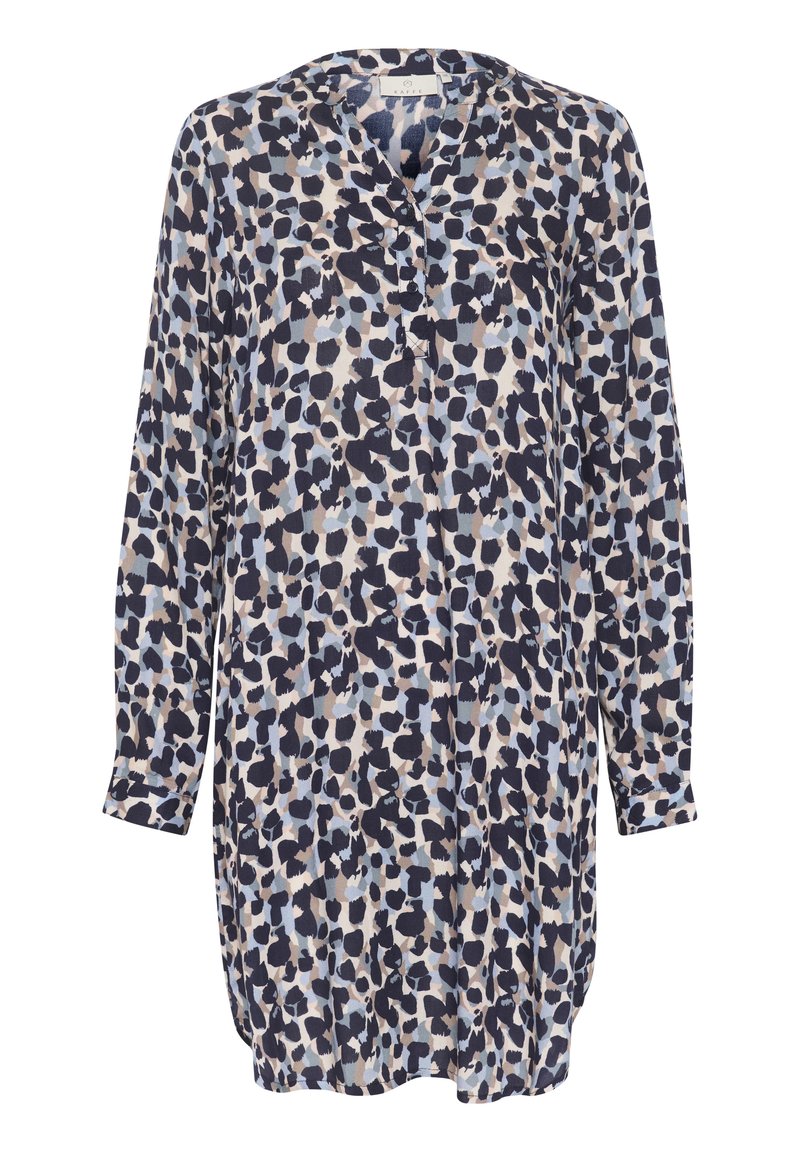 Langärmliges Tunika-Kleid mit abstraktem Tierdruck in Blau, Beige und Schwarz sowie einem geknöpften V-Ausschnitt.