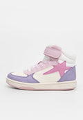 Hohe Sneaker mit weißen, rosa und lavendelfarbenen Lederpaneelen, einem Klettverschluss und perforierten Akzenten. Geox-Logo auf der Sohle.