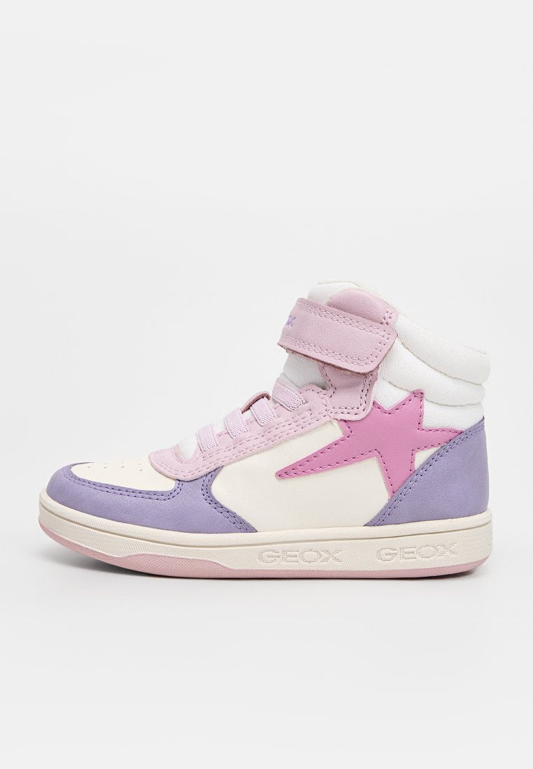 Hohe Sneaker mit weißen, rosa und lavendelfarbenen Lederpaneelen, einem Klettverschluss und perforierten Akzenten. Geox-Logo auf der Sohle.