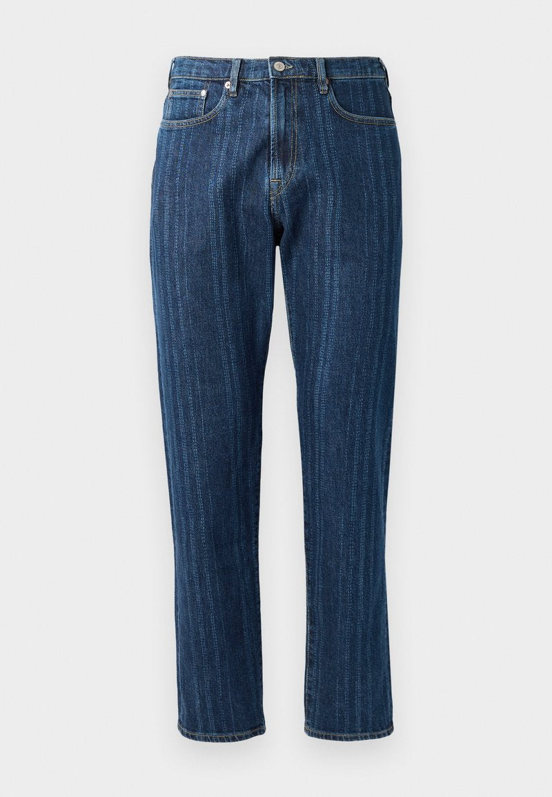 Dunkelblaue Jeans aus Denim mit geradem Bein, sichtbaren Nähten, fünf Taschen und einem Knopfverschluss am Bund.