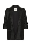 Schwarze Blazer mit strukturiertem Finish, offener Vorderseite und Dreiviertelärmeln. Verfügt über zwei Vordertaschen und ein glattes Innenfutter.