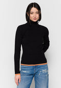 Schwarzer, gerippter Rollkragenpullover mit langen Ärmeln, der einen kontrastierenden orangen Saum am Kragen und an den Bündchen aufweist. Weicher Stoff, taillierte Passform.