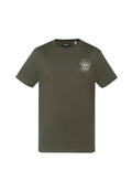 Olivgrünes Baumwoll-T-Shirt mit kurzen Ärmeln, Rundhals und kleinem weißen Aufdruck mit dem Logo "Custom 1943 Rider" auf der linken Brust.