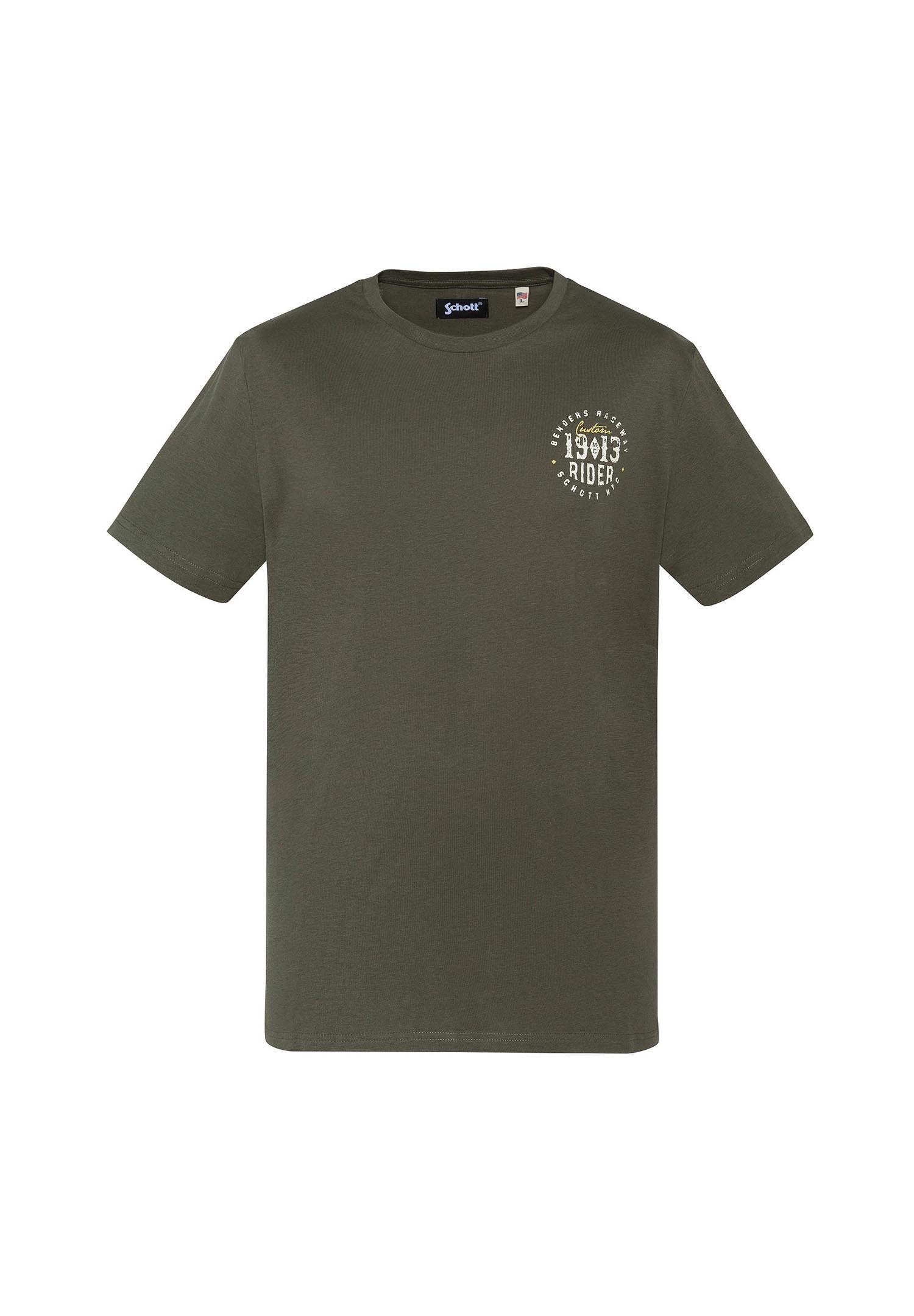 Olivgrünes Baumwoll-T-Shirt mit kurzen Ärmeln, Rundhals und kleinem weißen Aufdruck mit dem Logo "Custom 1943 Rider" auf der linken Brust.