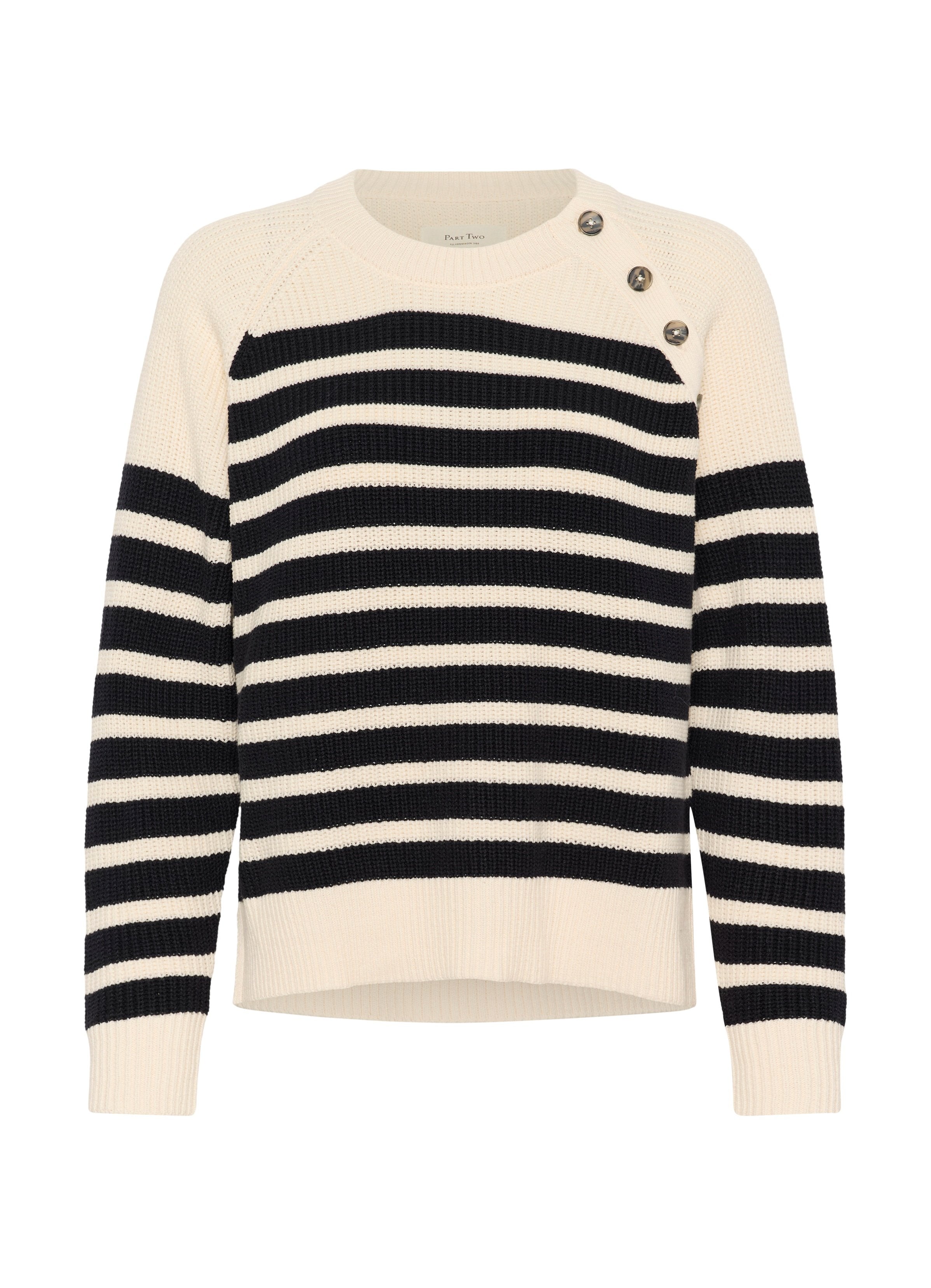 Gestreifter Pullover in Creme und Marineblau, mit gerippter Textur, rundem Halsausschnitt und drei Knöpfen an der Schulter.