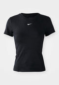 Schwarzes, kurzärmliges Sport-T-Shirt mit Rundhalsausschnitt und kleinem weißen Nike-Swoosh-Logo in der Mitte der Brust.