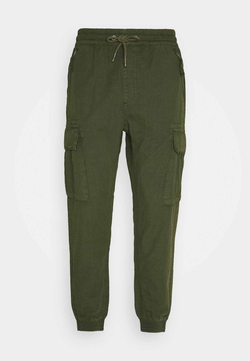Olivgrüne Cargo-Hosen mit einem elastischen Taillenbund, Zugband, Seitentaschen und schmalen Bündchen. Aus strukturiertem Stoff für zusätzlichen Komfort gefertigt.