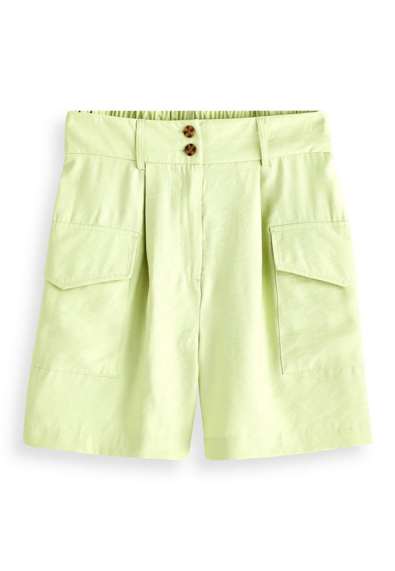 Helle grüne Shorts aus Baumwolle mit lockerer Passform, ausgestattet mit zwei Fronttaschen und zwei vorderen Knöpfen an einem flachen Bündchen.