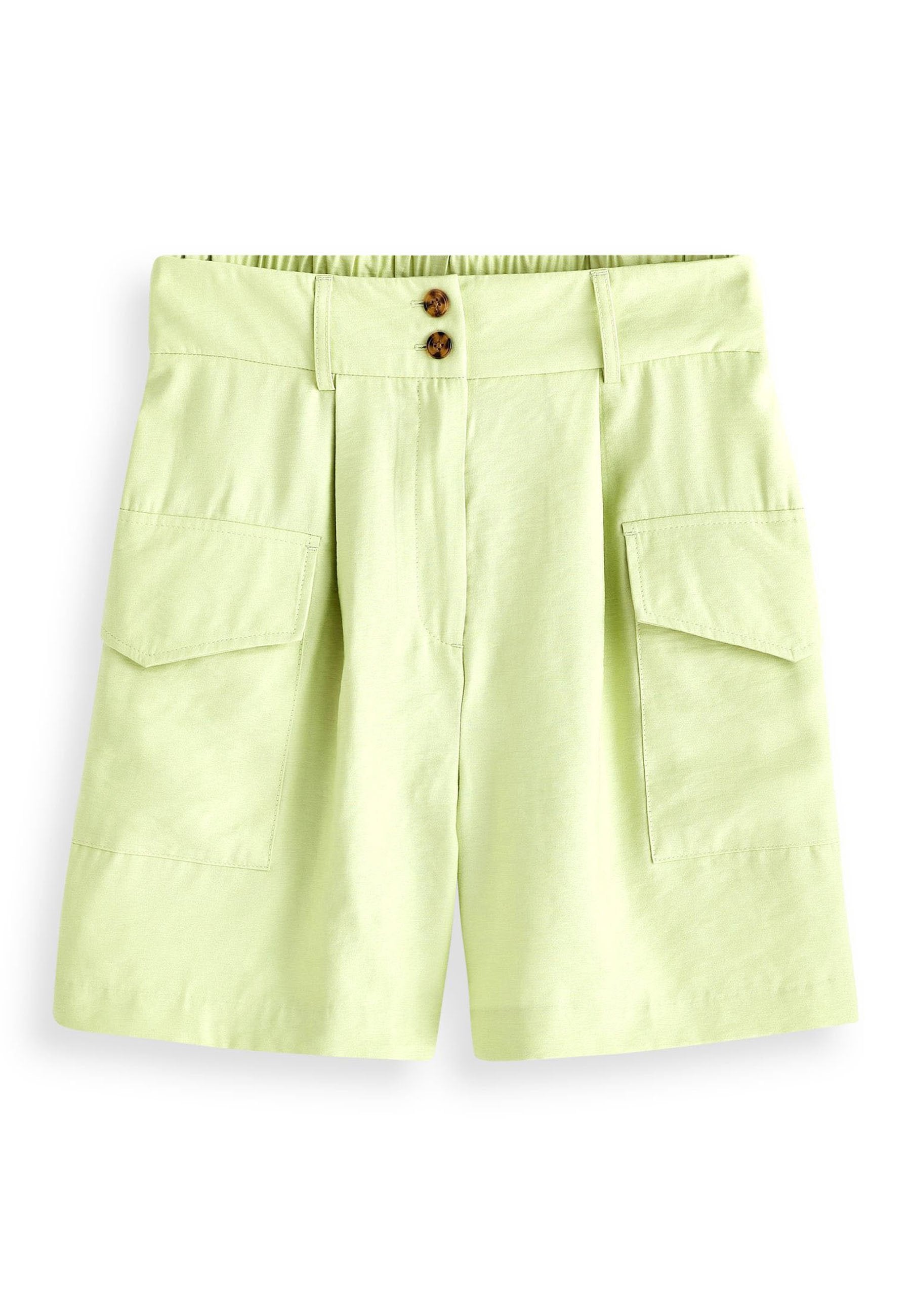 Helle grüne Shorts aus Baumwolle mit lockerer Passform, ausgestattet mit zwei Fronttaschen und zwei vorderen Knöpfen an einem flachen Bündchen.