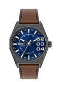 Sechseckige Diesel-Metall-Uhr mit blauem Zifferblatt, großen Ziffern 2, 3, 4, weißen Stundenmarkierungen und braunem Lederarmband.