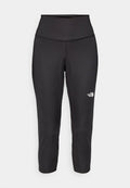 Schwarze Capri-Leggings aus dehnbarem Stoff mit einem hohen Bund und einem kleinen weißen Logo auf der linken Seite. Glatte Textur.