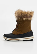 Brauner, isolierter Schneestiefel mit einem Kunstfellabschluss, wasserdichter schwarzer Gummihülle, weißer Mittelsohle und Schnürdesign für einen sicheren Sitz.