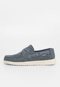Graue Canvas-Slipper mit hellblauen Akzenten, strukturiertem Obermaterial, runder Zehenpartie und hellbeigem Gummisohle. Verfügt über eine doppelte Ösen-Schnürung.