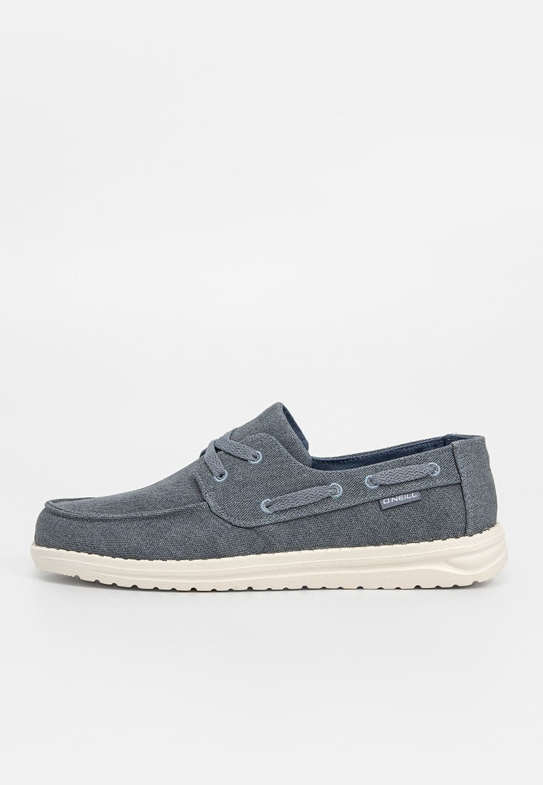 Graue Canvas-Slipper mit hellblauen Akzenten, strukturiertem Obermaterial, runder Zehenpartie und hellbeigem Gummisohle. Verfügt über eine doppelte Ösen-Schnürung.
