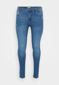 Schlanke Jeans aus mittelblauem Denim, mit klassischem Fünf-Taschen-Design, leichter Distressierung an der Vorderseite und Kontrastnähten.