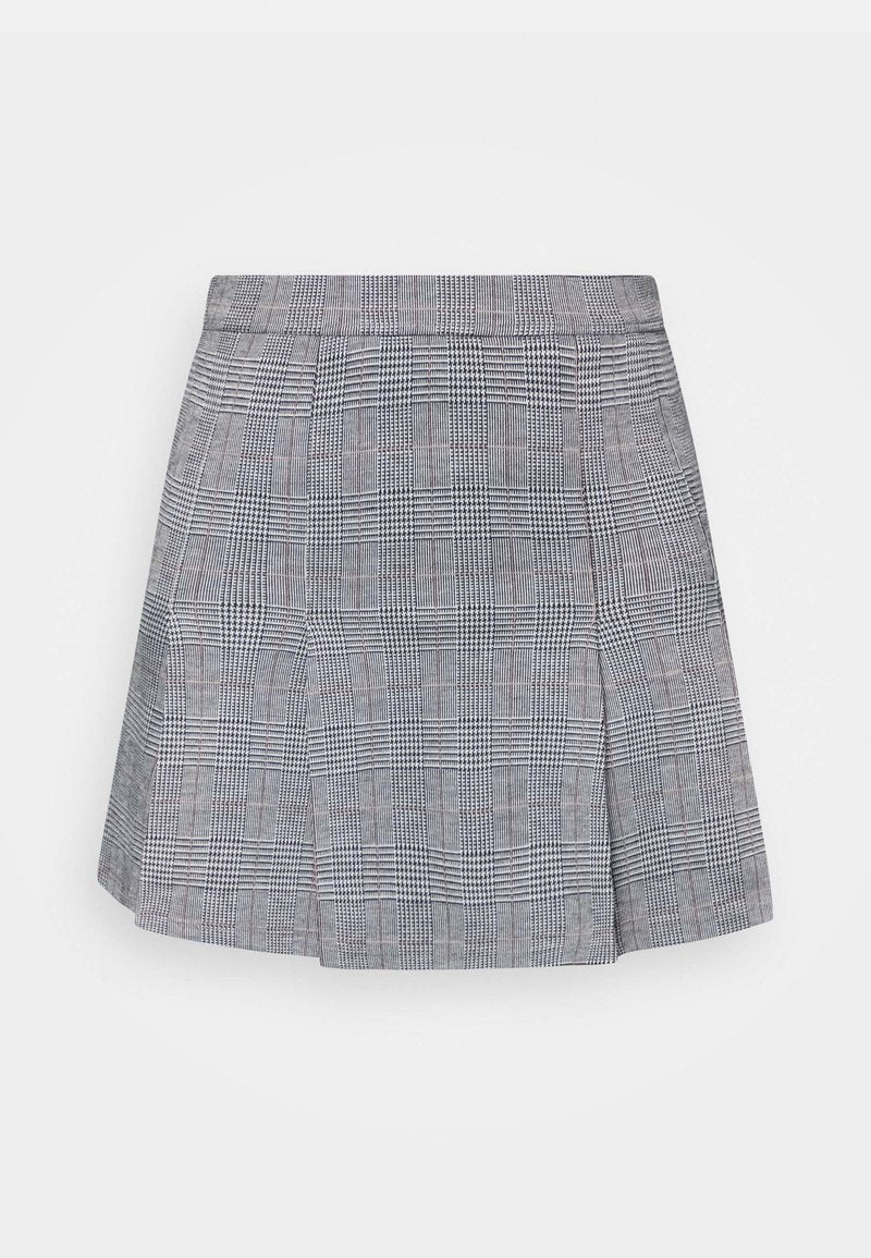 Grauer karierter Rock mit einem gefalteten Design. Hergestellt aus leichtem Material, mit einem karierten Muster in verschiedenen Grautönen und Schwarz.