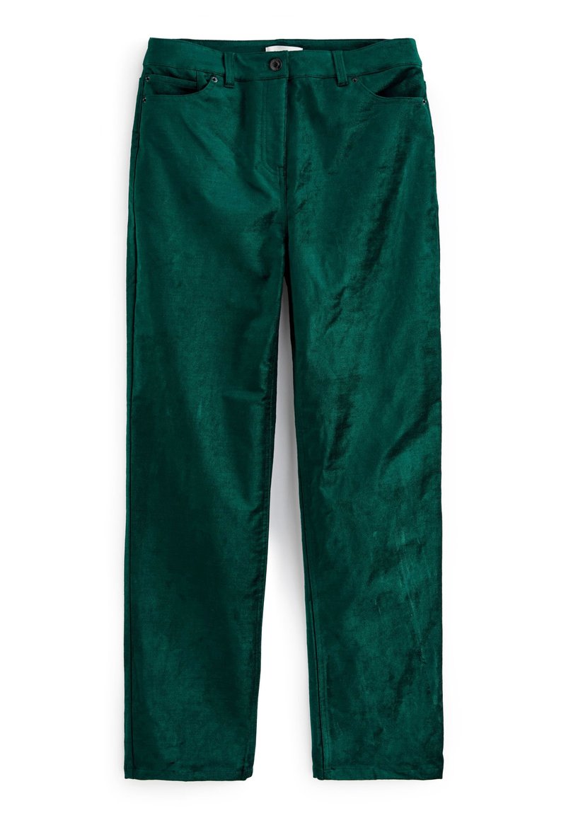 Grüne Cordhosen mit glatter Textur, geradem Bein Design, vorderen Taschen und einem einzigen Knopfverschluss an der Taille.
