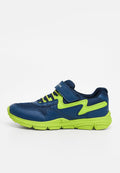 Kindersportschuh in Marineblau und Neon-Grün mit Klettverschluss und atmungsaktivem Mesh-Obermaterial, seitlich auf weißem Hintergrund dargestellt.