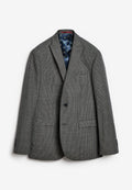Grauer Herrenblazer mit kleinem karierten Muster, einem einzelnen schwarzen Knopf, Klapptaschen und blauer gemusterter Innenauskleidung, flach präsentiert.