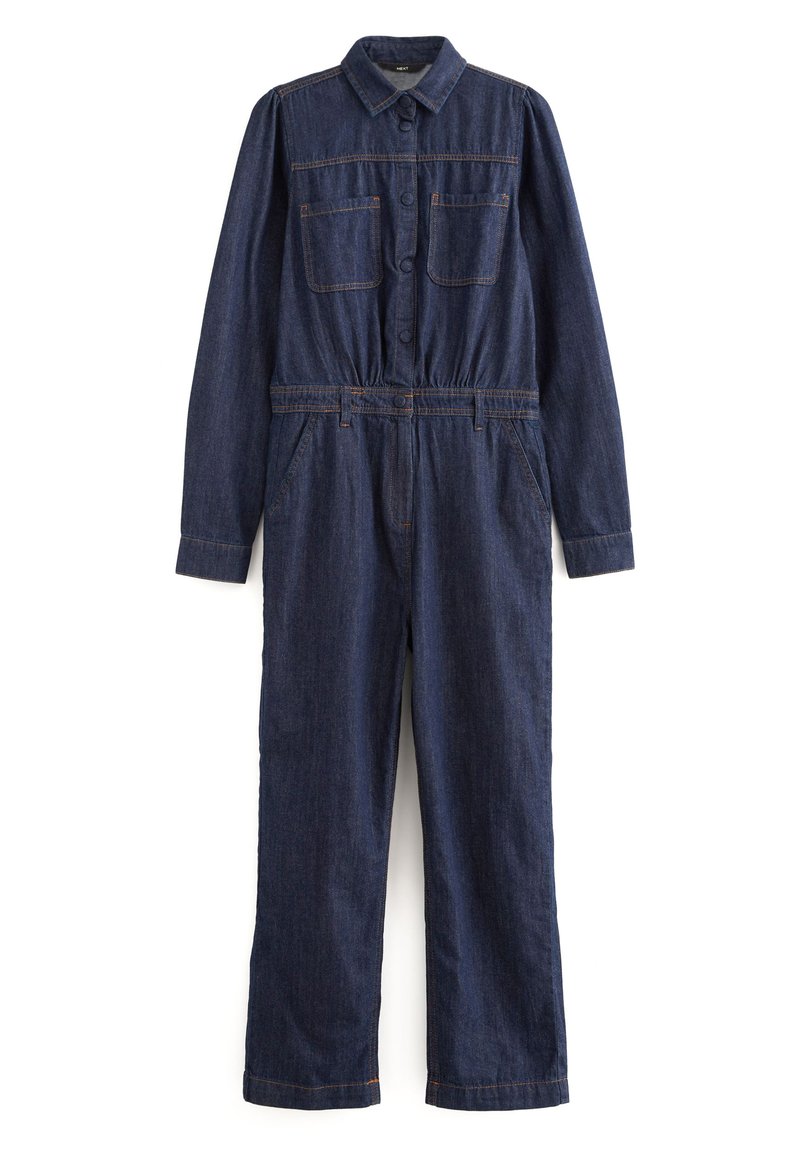 Dunkelblauer Jeans-Overall mit langen Ärmeln, einem Kragen, zwei Brusttaschen, einem elastischen Bund und geradem Bein.