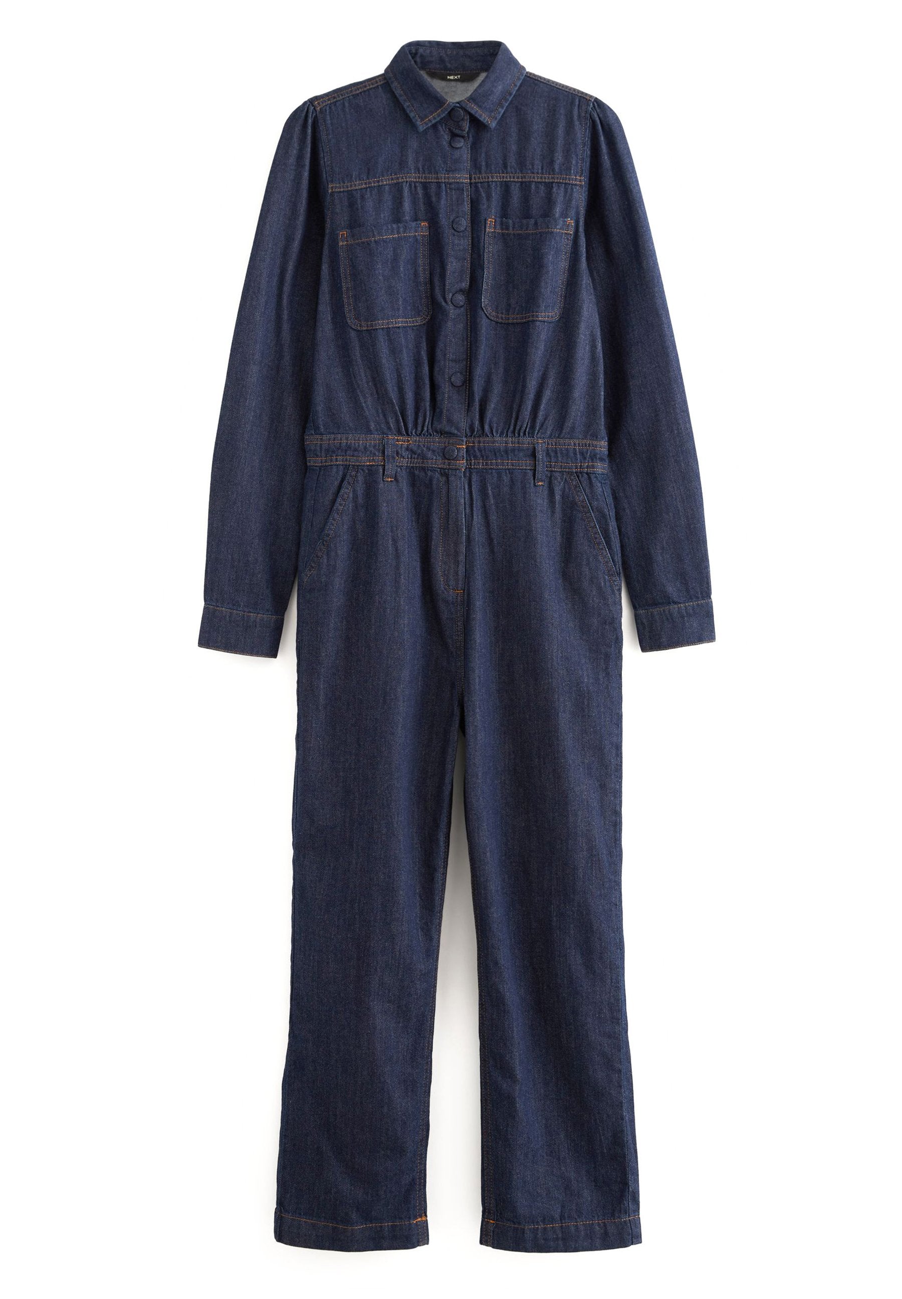 Dunkelblauer Jeans-Overall mit langen Ärmeln, einem Kragen, zwei Brusttaschen, einem elastischen Bund und geradem Bein.