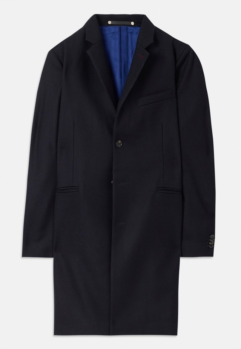 Navyblauer Wollmantel mit einem einreihigen Knopfverschluss, mit spitzen Revers und zwei seitlichen Taschen. Verfügt über ein blaues Innenfutter und minimalistische Nähdetails.