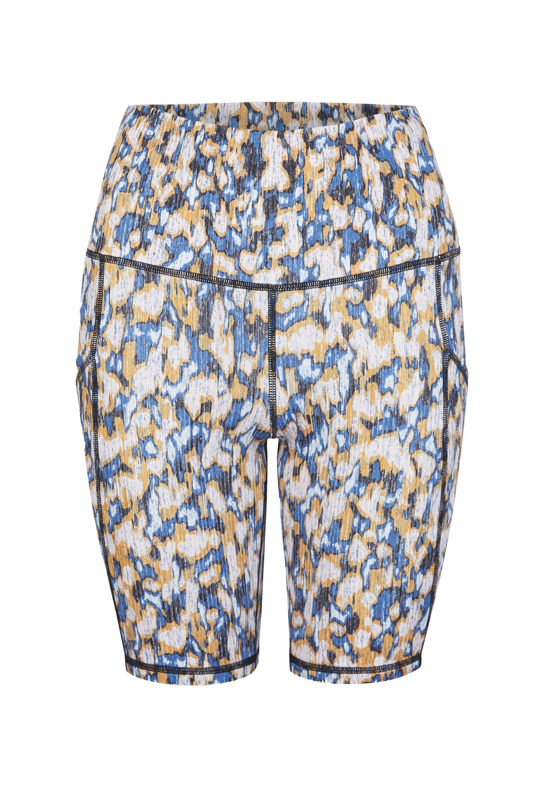 Mehrfarbige gemusterte Shorts mit elastischem Bund. Das Design zeigt Blau, Gelb und Weiß in einem leopardähnlichen Muster. Strukturierter Stoff.