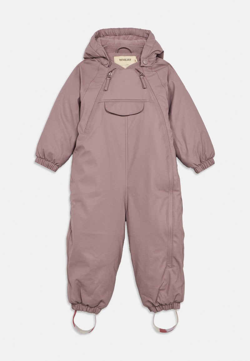 Rosa isolierte Latzhose mit Kapuze, elastischen Bündchen und einer Fronttasche. Verfügt über verstellbare Träger und eine glatte Textur.